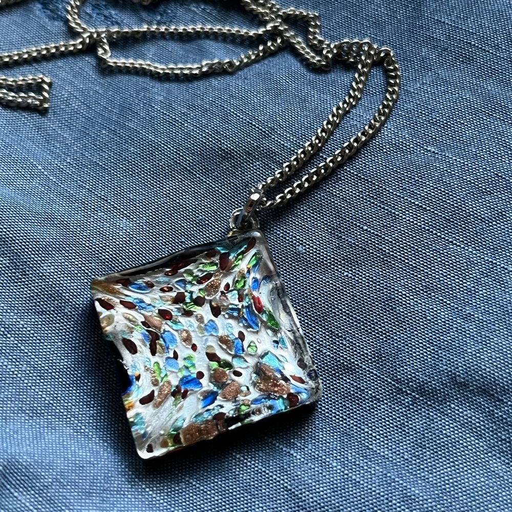 Square glass pendant with silver chain (925) - Picture 2 of 3